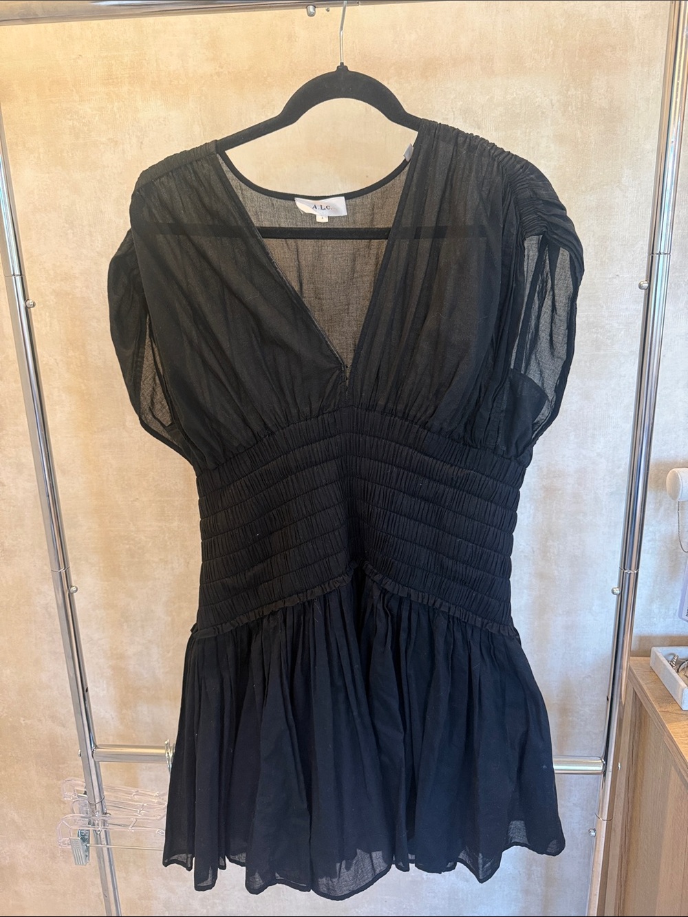 A.L.C. Black V-Neck Smocked Waist Mini Dress